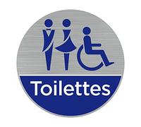 Signalétique.biz France - Plaque de porte Toilettes mixtes handicapés (Q0463) - Diamètre 76 mm - Adhésif aspect aluminium brossé