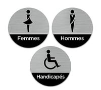 Signalétique.biz France - Plaque de porte WC. Lot de 3 Plaques de porte Toilettes Hommes, Femmes, Handicapés - Diamètre 76 mm - Adhésif aspect aluminium brossé