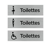Signalétique.biz France - Plaque de porte WC. Lot de 3 Plaques de porte Toilettes Hommes, Femmes, Handicapés - 170 X 50 mm - Adhésif aspect aluminium brossé
