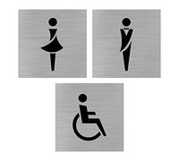 Signalétique.biz France - Plaque de porte WC. Lot de 3 Plaques de porte Toilettes Hommes, Femmes, Handicapés - 150 x 150 mm - Adhésif aspect aluminium brossé