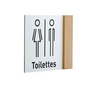 Signalétique en Drapeau pour Toilettes, Femmes et Hommes, Bois et panneau gravé laser (Panneau blanc pictogramme noir)