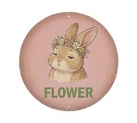 Signalisation vintage animaux lapin avec couronne fleur plaque métallique | Décoration murale ronde en métal pour café, club, jardin, 20,3 x 20,3 cm
