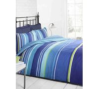 Signature Parure Housse de Couette et 2 taies d'oreiller à Rayures pour lit King Size Bleu Marine Clair Vert Blanc, Polyester et Coton