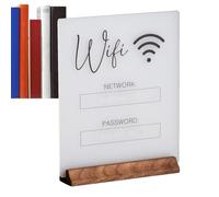 Signe de mot de passe wifi acrylique - Clear WiFi Board Sign | Élégant panneau Wiffi avec base en bois | Signe WiFii polyvalent et support de bloc photo parfait pour les cafés, bureaux et restaurants