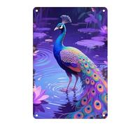 Signe D'Étain Paon Irisé Parmi Les Fleurs De Lotus Étain Signe Fer Peinture Plaque Rétro Funny Art Affiche, pour Jardin, Salon, Office, 20x30cm