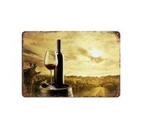 Signe Métal Vintage,Bouteille de vin rouge et verre de vin sur un tonneau en bois dans le vignoble,Rétro Peinture Plaque Signe En Fer Décor Mural Art Mural Suspendu Pour Salon Maison Décoration