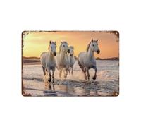 Signe Métal Vintage，Chevaux Blancs De Camargue Galopant sur La Plage, France，Rétro Peinture Plaque Signe En Fer Décor Mural Art Mural Suspendu Pour Salon Maison Café Décoration Noël Cadeau(30x40cm）