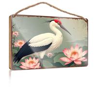 Signes de printemps pour porche avant cigogne au milieu des fleurs de lotus : une scène de zone humide sereine panneau en bois décoration de maison occidentale panneau décoratif à suspendre (20 x 30