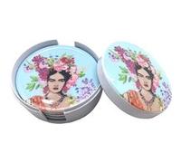 SIGNES GRIMALT Boite bleue contenant 6 sous-verres Frida Khalo - Ensemble en Mélamine - Hauteur 5 cm - Diamètre 11 cm BLEU G