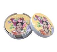 SIGNES GRIMALT Boite jaune contenant 6 sous-verres Frida Khalo - Ensemble en Mélamine - Hauteur 5 cm - Diamètre 11 cm JAUNE G