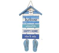 SIGNES GRIMALT Décoration Murale Maison Bord de Mer en MDF - Panneau Décoratif Suspendu Style Plage avec Planches Reliées par Corde - Décoration Murale Welcome Happy Home Bleu Blanc 66 x 35 cm