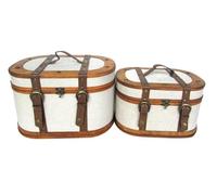 SIGNES GRIMALT Set de 2 Valises Décoratives Rondes en Bois et Cuir Synthétique - Coffres de Rangement Style Vintage Voyage Beige et Marron - Malles Décoratives 36,5 cm