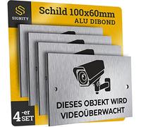 SIGNITY Lot de 4 panneaux de vidéosurveillance en aluminium (100 x 60 mm) - Idéal pour caméra factice - Plaque en aluminium - Attention : vidéosurveillance pour propriété privée