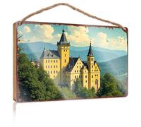 Signs And Plaques Château doré au milieu d'une forêt verte luxuriante avec des montagnes majestueuses en bois Panneau de cuisine amusant Plaque de porte d'entrée (20 x 30 cm)