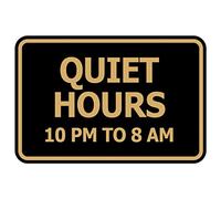 Signs ByLITA Panneau classique encadré « Quiet Hours 22 h à 8 h » (noir et doré) - Grand format