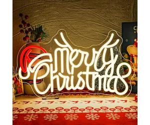 SIGNSHIP Merry Christmas Antlers Hat Neon Led, Bonnet à Bois de Cerf Joyeux Noël Lettre Lumineuse,Neon Mural avec Interrupteur Dimmable, Néon Led pour Fête de Noël,Chambre,Fête du Nouvel An