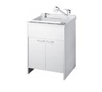 SIGO Set Évier + Meuble Bas 60x50 cm, Évier économique avec Meuble Bas, Récipient à savon, Robinet à tête extensible,Couleur Blanc/Argent