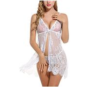 SIGOYI Nuisette en dentelle ouverte sur le devant pour femme - Nuisette sexy transparente à lacets - Lingerie douce et ample, blanc, S