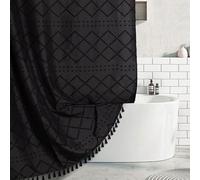Siiluminisoy Rideau de Douche en Tissu Chenille touffeté à Rayures Style Rustique Moderne et Minimaliste de Style Shabby Chic de Style bohème Noir texturé avec Pompons 183 x 183 cm