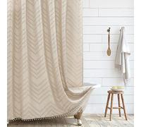 Siiluminisoy Rideau de douche long en tissu tissé de style rustique et bohème, beige/crème, 183 x 198 cm, motif chevrons touffetés, moderne et chic, texturé et minimaliste pour salle de bain avec
