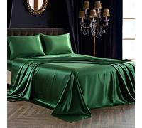 SiinvdaBZX Lot de 4 draps en Satin Vert émeraude Ultra Soyeux Taille Queen Size avec Poche Profonde, 1 Drap, 2 taies d'oreiller à Fermeture éclair