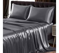 SiinvdaBZX Parure de lit 3 pièces en satin gris ultra doux et soyeux avec poche profonde, 1 drap-housse, 1 drap plat, 1 taie d'oreiller à fermeture à rabat