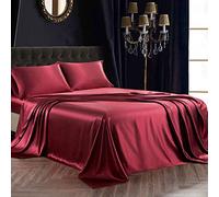 SiinvdaBZX Parure de lit 3 pièces en satin pour lit jumeau, ultra doux et soyeux, en satin bordeaux avec poche profonde, 1 drap-housse, 1 drap plat, 1 taie d'oreiller à fermeture à rabat