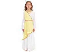SiiRoh Déesse Grecque Costume Enfant Fille Blanche Robe Cosplay Toge Romaine Carnaval Halloween Tenue Spectacle Scène Jaune 13-14 ans