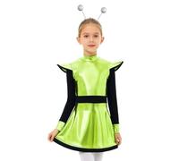 SiiRoh Enfant Fille Déguisement Astronaute Space Girl Costume Alien Halloween Carnaval Métallique Robe Tenue Spectacle Scène Vert Fluorescent 5-6 ans