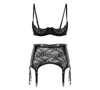SiiRoh Femme Lingerie Ensemble Transparente Vêtement De Nuit Dentelle Lingiere Soutien Gorge Bas Porte Jarretelle S-4XL Noir M
