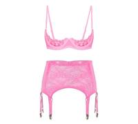 SiiRoh Femme Lingerie Ensemble Transparente Vêtement De Nuit Dentelle Lingiere Soutien Gorge Bas Porte Jarretelle S-4XL Rose XL