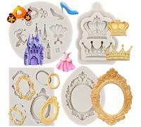 sijiangmold Lot de 4 moules en silicone pour cadres photo Cendrillon Fondant Baroque Cadre photo Couronne Château Princesse Robe Chaussures en cristal Moules pour décoration de gâteau Cupcake Pâte à