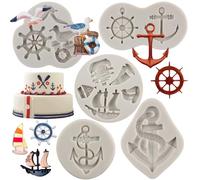Sijiangmold Lot de 4 moules en silicone sur le thème du bateau à voile, ancre, gouvernail, mouette, bateau à voile, hameçon, vagues de mer, moules pour chocolat, bonbons, décoration de gâteaux, pâte à