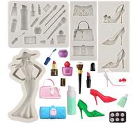 Sijiangmold Lot de 4 moules en silicone sur le thème du maquillage, rouge à lèvres, parfum, pinceau, vernis à ongles, fondant, moule à talons hauts pour décoration de gâteaux, cupcakes, chocolat,