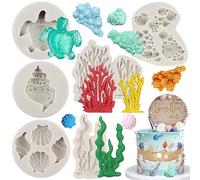 Sijiangmold Lot de 6 moules en silicone pour fondant sur le thème marin, algues, corail, tortue de mer, coquillages, conques, bonbons pour décoration de gâteaux, décoration de cupcakes, pâte à sucre,