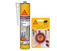 SIKA - Kit Fixation et Étanchéité: 1x Sikabond Mammoth Crystal (1.5m), Ruban Double Face + 1x Sikaflex 11 FC (Blanc, 300ml), Mastic Polyuréthane pour Joints et Surfaces Multi-Usage