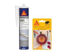 SIKA - Kit Fixation et Étanchéité Marine: 1x Sikabond Mammoth Crystal (1.5m), Ruban Double Face + Sikaflex 591 (Blanc, 300ml), Mastic Polyuréthane pour Bateaux