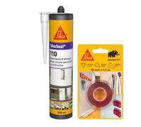 SIKA - Kit Fixation et Étanchéité Menuiserie: 1x Sikabond Mammoth Crystal (1.5m), Ruban Double Face + 1x SikaSeal 110 (Transparent, 300ml), Silicone Neutre pour Menuiserie et Vitrage