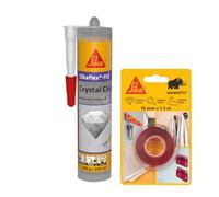SIKA - Kit Fixation et Étanchéité Transparente: 1x Sikabond Mammoth Crystal (1.5m), Ruban Double Face + Sikaflex 112 Crystal Clear (290ml), Mastic Polyuréthane Multi-Usage