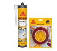 SIKA - Kit Fixation et Joints Façade: 1x Sikabond Mammoth Crystal (5m), Ruban Double Face + 1x SikaSeal 184 (Blanc, 300ml), Mastic Acrylique Extérieur pour Fissures et Joints Maçonnerie