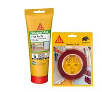 SIKA - Kit Fixation Rapide Multi-Surfaces: 1x Sikabond Mammoth Crystal (1.5m), Ruban Double Face + SikaBond-240 Fixe Facile (260g), Colle Puissante pour Plinthes, Moulures et Décoration