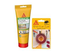 SIKA - Kit Fixation Rapide Multi-Surfaces: 1x Sikabond Mammoth Crystal (1.5m), Ruban Double Face + SikaBond-240 Fixe Facile (70g), Colle Puissante pour Plinthes, Moulures et Décoration