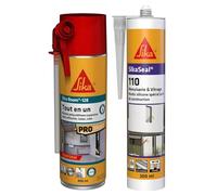 SIKA - Mousse polyuréthane expansive - Usage tous sens - Expansion 20L - 400ml - Blanc + Mastic silicone pour joint de menuiserie et vitrage - 300ml - Transparent