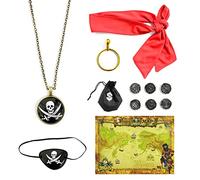 SIKAMARU Ensemble d'accessoires de pirate 6 pièces, boucles d'oreilles de pirate, collier, bandana, cache-œil, carte, sac d'argent pièces d'or pour Halloween et fête de pirate