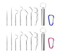 Sikamaru Lot de 14 cartouches de cure-dents en acier inoxydable avec mousqueton en 2 pièces - Cure-dents portable, réutilisable - Nettoyeurs dentaires - Fil dentaire -Kit de soins dentaires - Convient pour pique-nique en plein air, camping