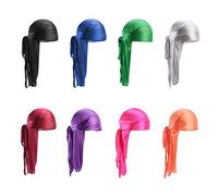SIKAMARU Lot de 8 turban Durag à longue queue, unisexe, sangles larges, chapeau de pirate pour perte de cheveux, chapeau pour femme et homme, hip-hop et décoration quotidienne, plusieurs couleurs