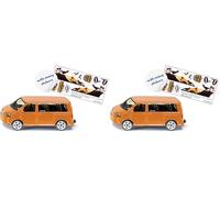 SIKU 1070, VW T5 Multivan avec Autocollants Dino, Métal/Plastique, Orange, Hayon arrière ouvrable, Attelage de remorque (Lot de 2)