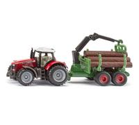 SIKU 1134 Tracteur Massey Ferguson avec remorque forestière, Grue de Chargement Mobile avec Fonction de préhension, 6 Troncs d'arbres, en métal et Plastique, Jouet forestier