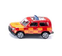 siku 1568, Land Rover Defender Pompiers, Voiture-jouet, métal/plastique, rouge/jaune, Attelage de Remorque, Roues caoutchoutées, Barres de signalisation bleues