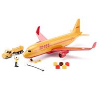 siku 1702, Avion cargo DHL en Plastique avec Accessoires, Rouge/Jaune, Modèle Réduit, Chariot à Bagages, Barre de Remorquage, Plaquettes de Frein et Contrôleur Aérien